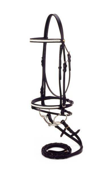 Silver Fox Blk  Leather Gold Bead Snaffle Bridle  W/OUT  BIT 20-9575 Full 