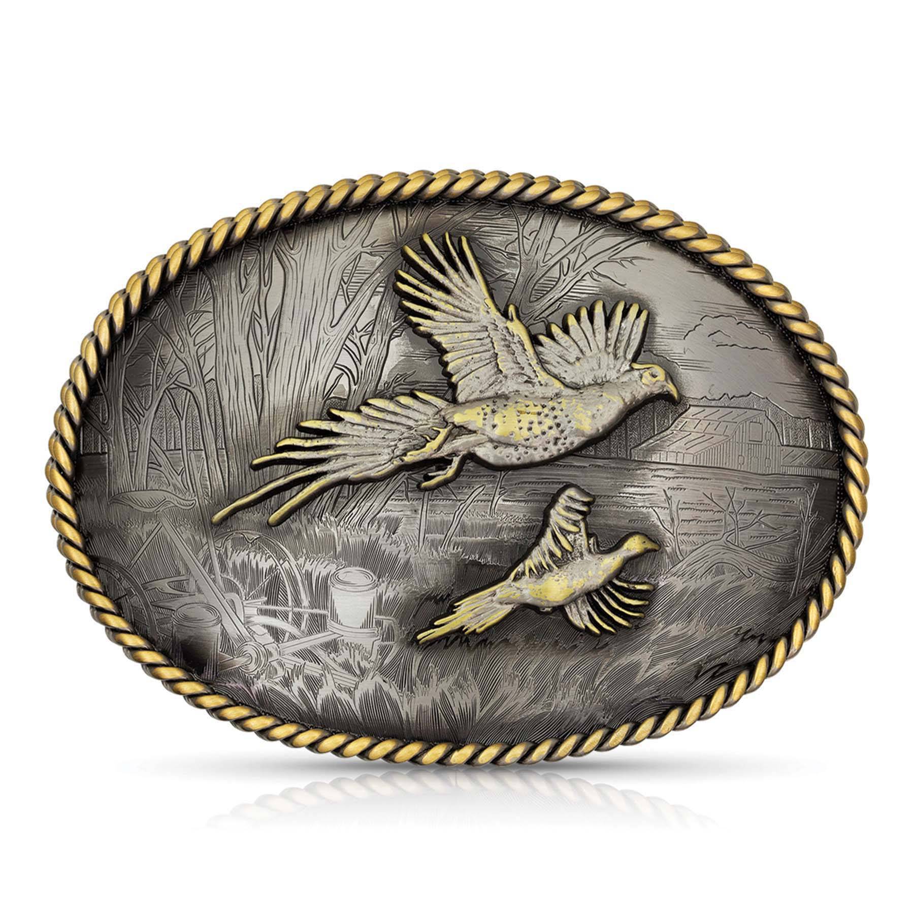 4-222032 Montana Silversmiths Rustic Buckle with Pheasants sku 4-222032