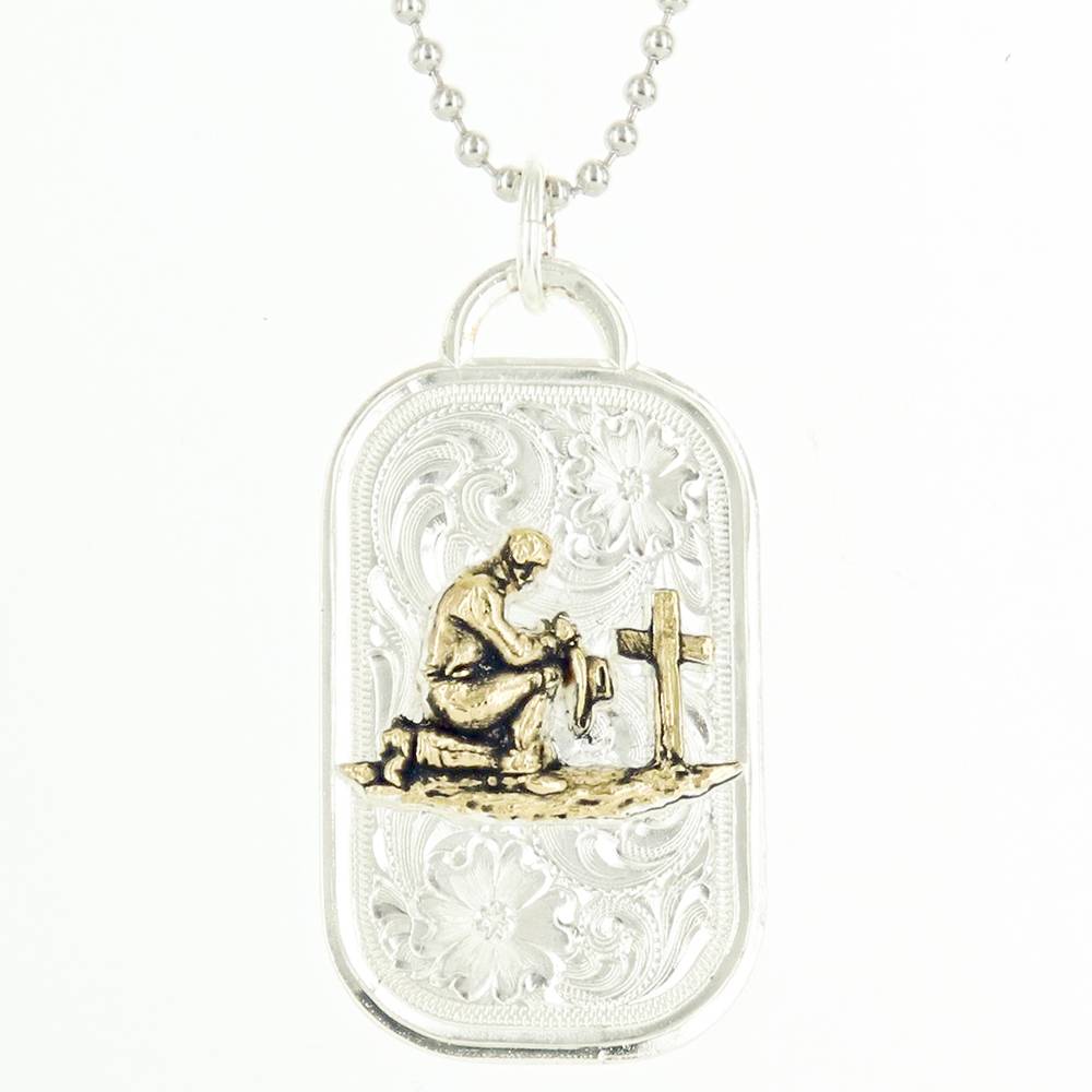 Montana Silversmiths Silver Dog Tag with Gold Cowboy Prayer Necklace