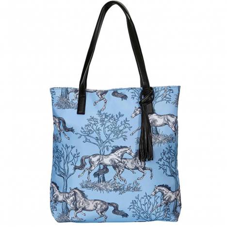 AWST Int'l "Lila" Blue Toile Pattern Tote Bag with Tassel