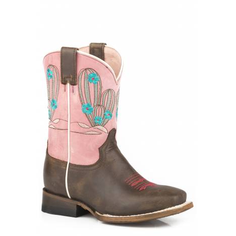 Roper Kids Embroidered Cactus/Burnished Brown Leather Western Boots