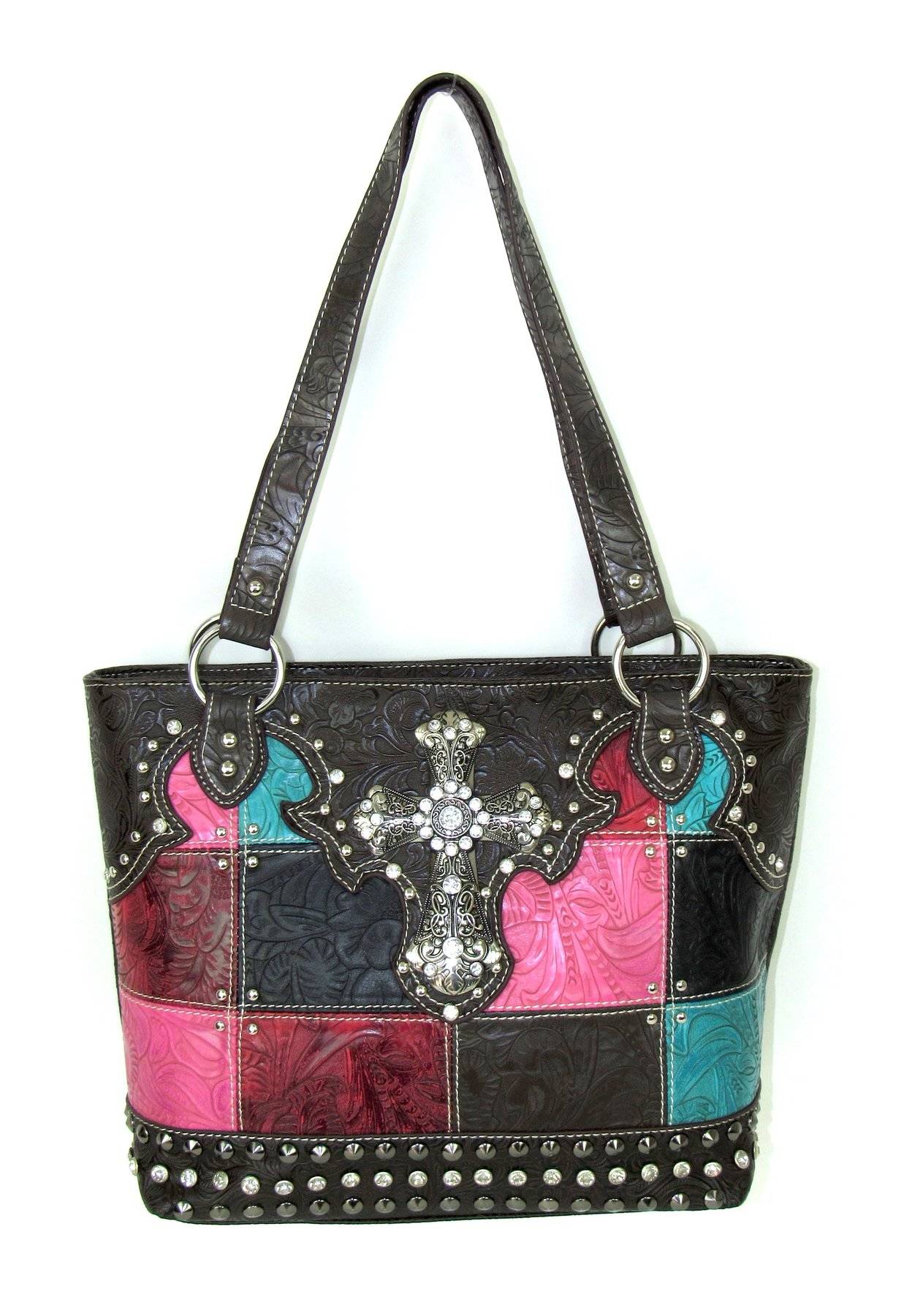 Savana Zip Top Tooled Patch Handbag with Cross