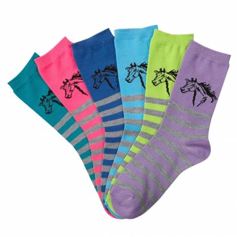 AWST Int'l Ladies "Lila" Horses in Stripes Crew Socks - 6 Pack