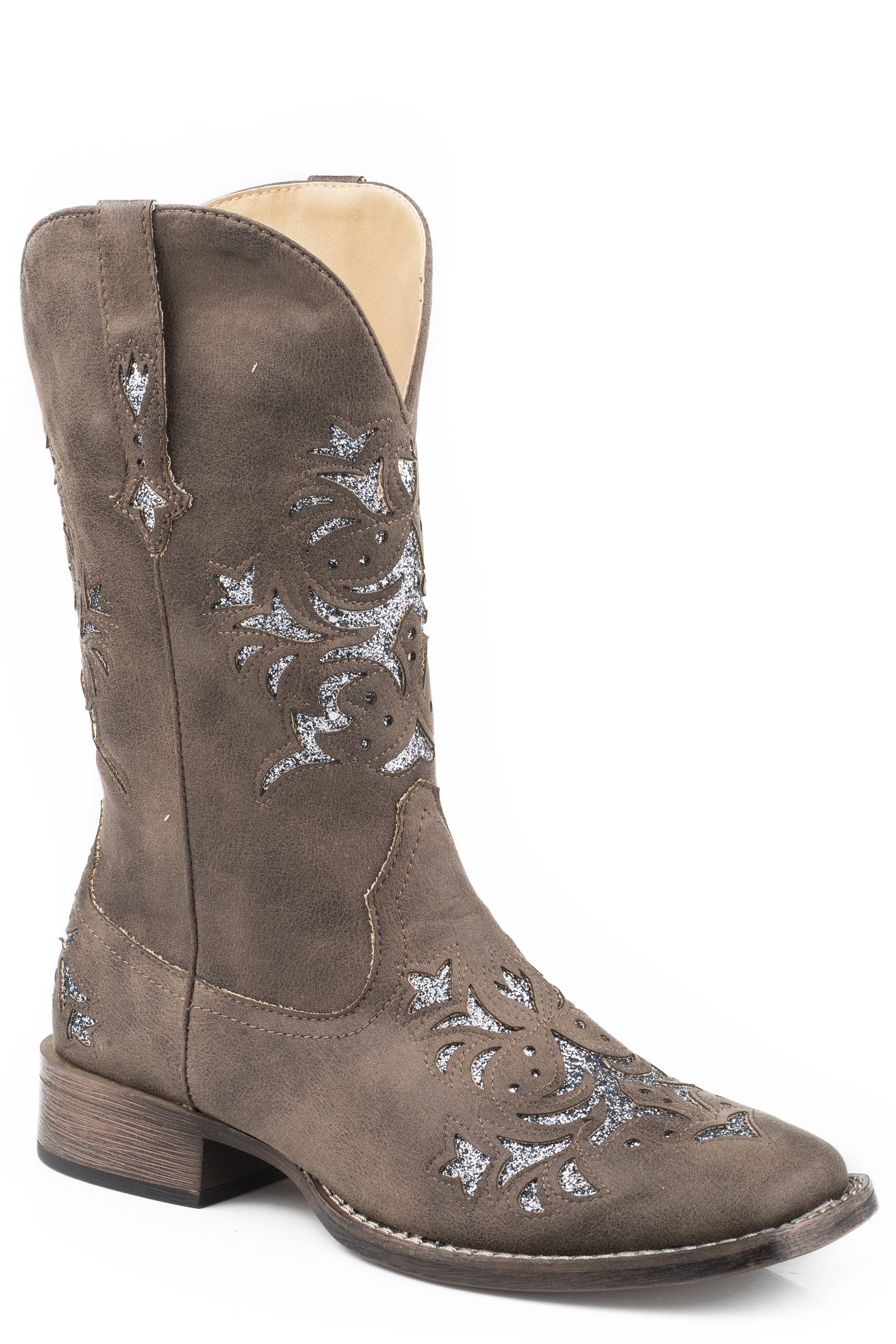 Roper Kennedy Glitter Tooled Inlay Square Toe Pull On Cowboy Boots