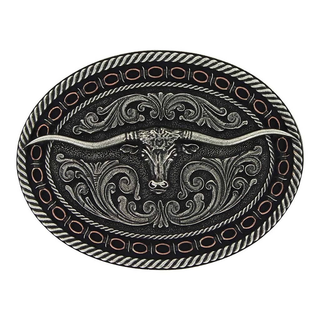 Montana Silversmiths Two Tone Antiqued Round Barbed Longhorn Attitude Buckle