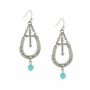 1928 Jewelry Faux Turquoise Accent Horseshoe and Cross Drop Earrings
