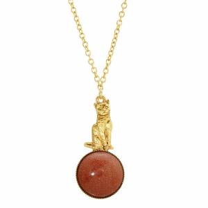1928 Jewelry Sitting Cat On Round Gemstone Pendant Necklace