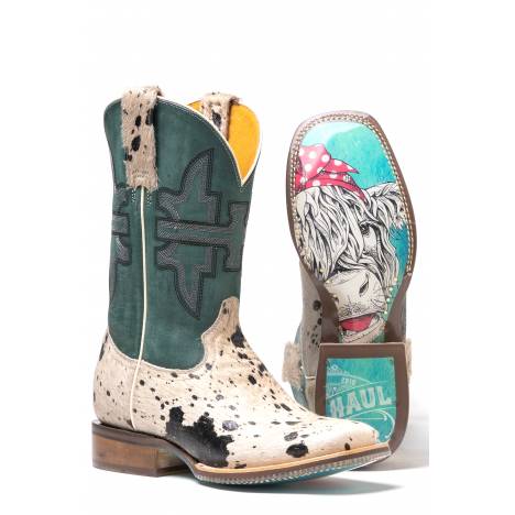Tin Haul Ladies Square Toe Boots - Shaggy Spot with Priceless Sole