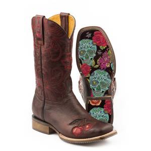 Tin Haul Ladies Square Toe Boots - Mon Cherry with Skull & Roses Sole