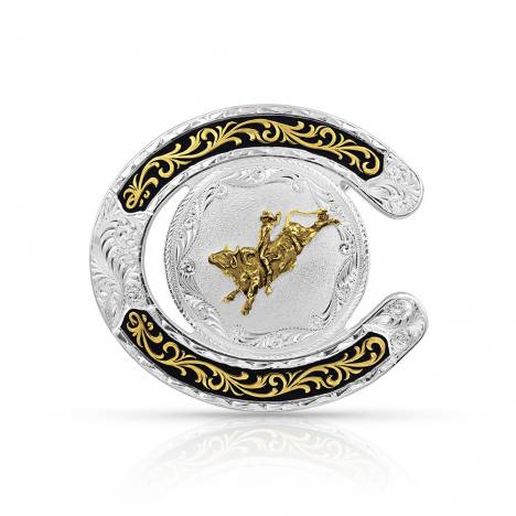 Montana Silversmiths Two Tone Horseshoe Bull Rider Buckle