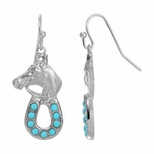 1928 Jewelry Silver Tone Horse Head With Turquoise Horseshoe Earrings