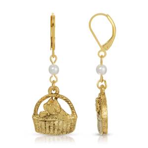 1928 Jewelry Faux Pearl Cat In Handbasket Dangling Earrings