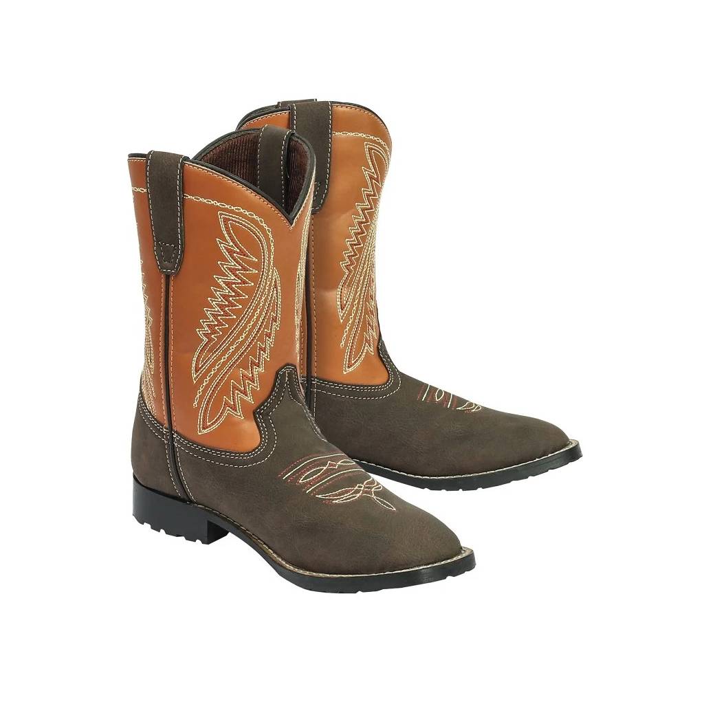 TuffRider Youth Big Bend Rounded Toe Western Boot- Mocha with Rust- 4Y