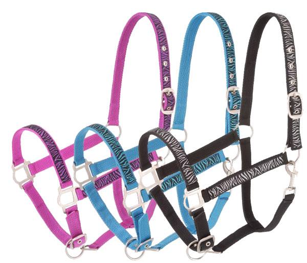 Tough-1 6 Pack Nylon Halter with Glittery Zebra Print and Satin Hardware