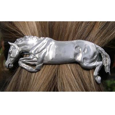 Jumping Horse Hair Clip Satin finish and comes on a hang card.