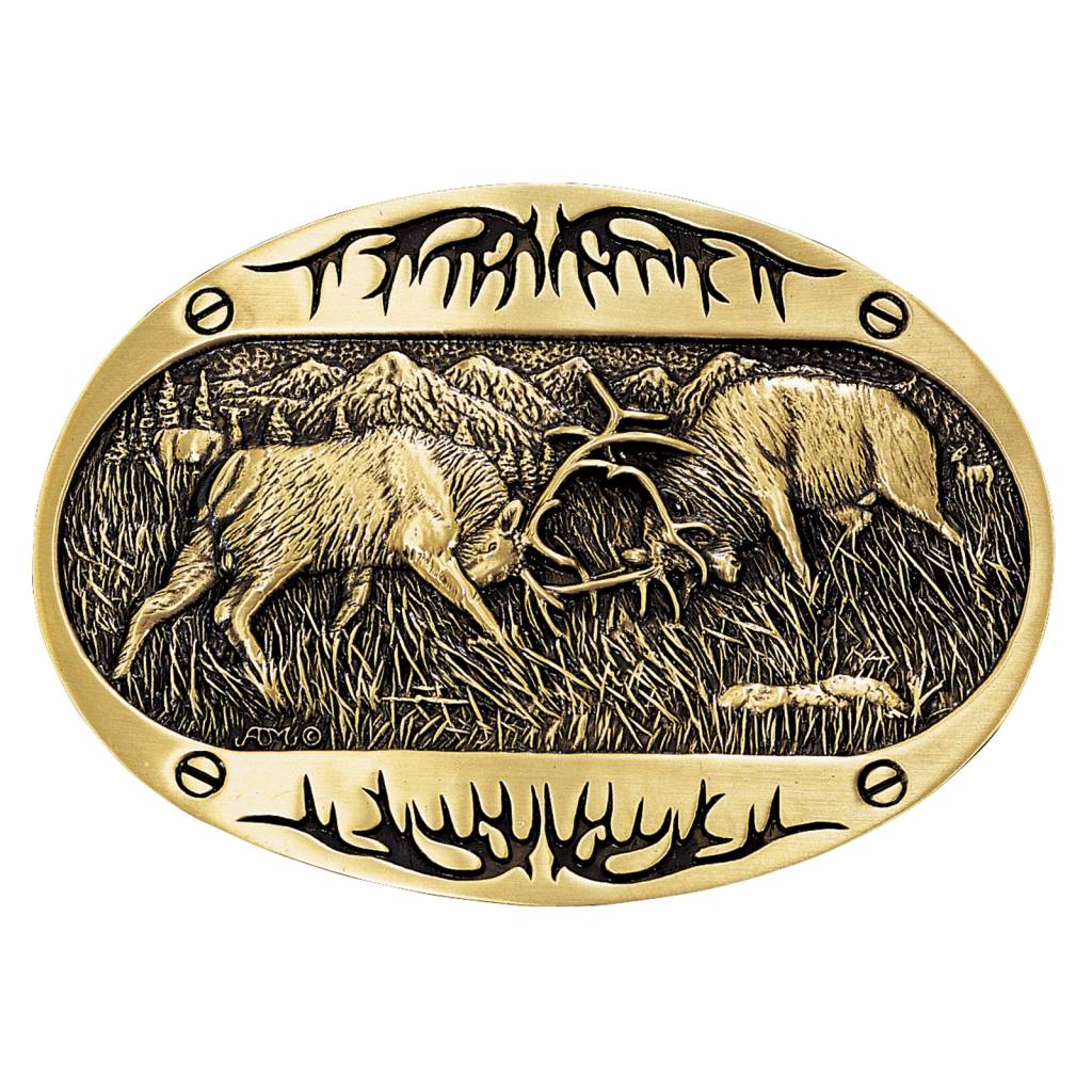 Montana Silversmiths Fighting Elk Brass Heritage Attitude Belt Buckle