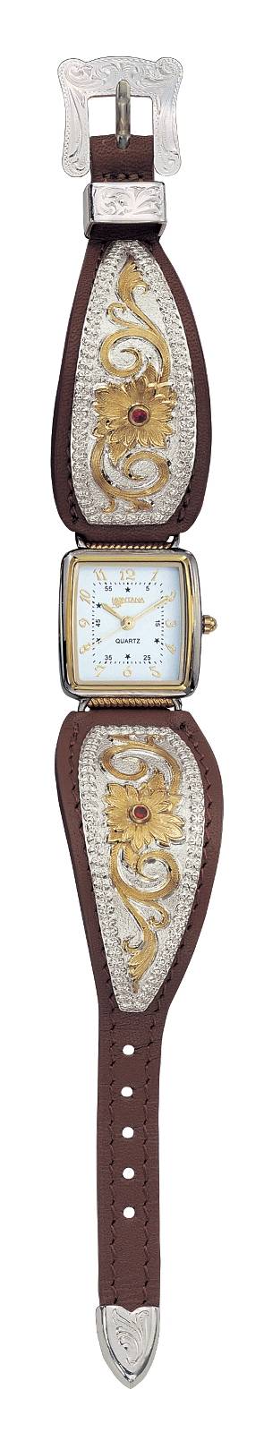 Montana Silversmiths Two Tone Flower Filigree Ladies Brown Leather Band Watch