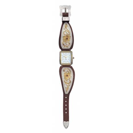 Montana Silversmiths Two Tone Flower Filigree Ladies Brown Leather Band Watch