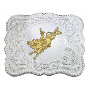 Montana Silversmiths Scalloped Silver Western Belt Buckle with  Bull Rider