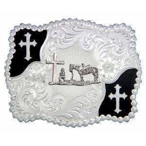 Montana Silversmiths Christian Flourish Scallop Shape Belt Buckle with Christian Cowboy