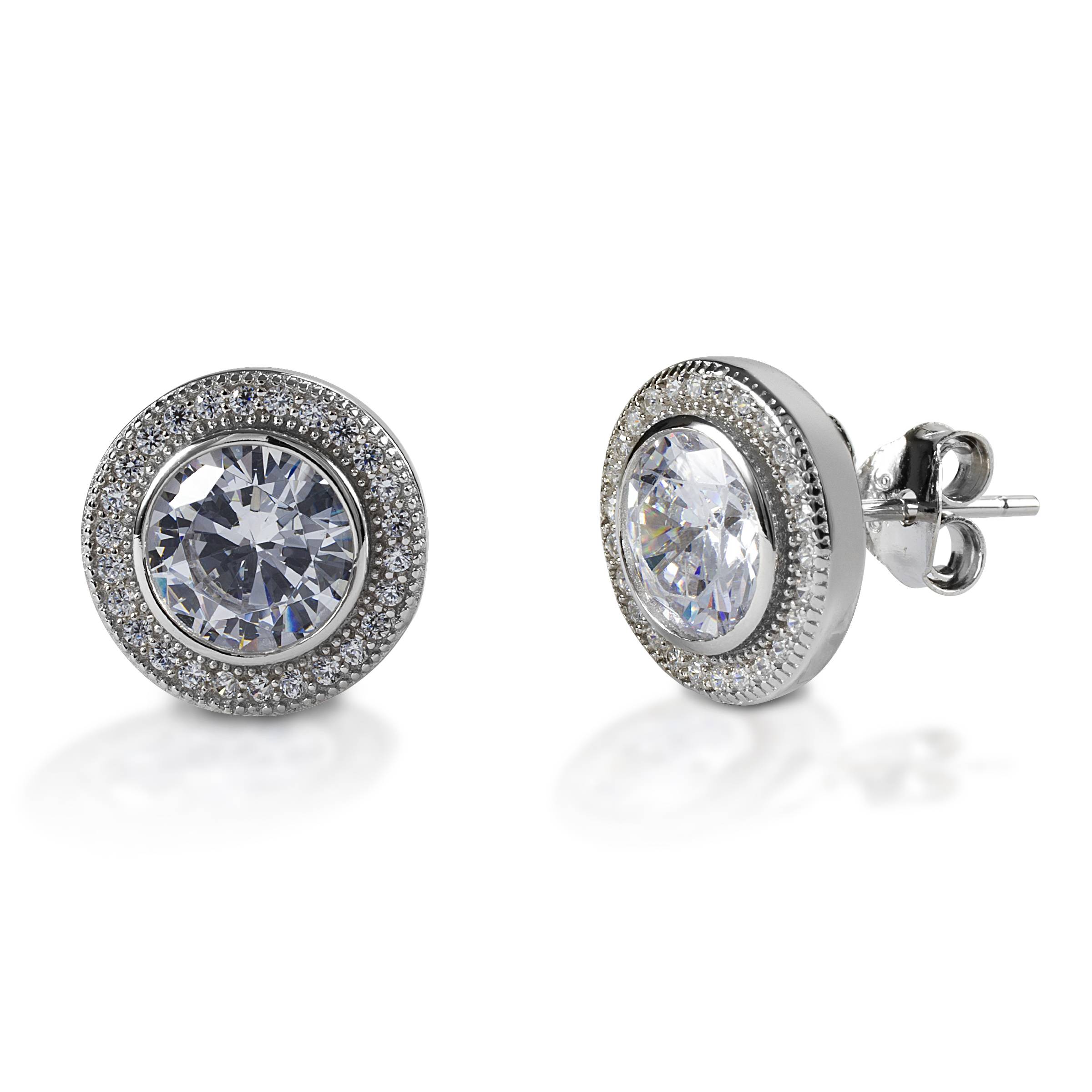 Kelly Herd Round Bezel Set Pave Earrings - Sterling Silver