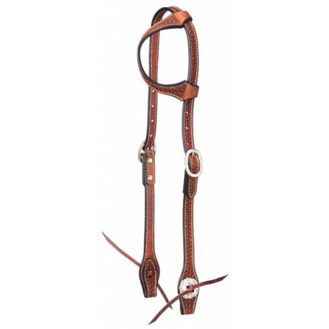 Tough-1 Leather Straight Brow Headstall - Basket Stamp with Silver Hardware