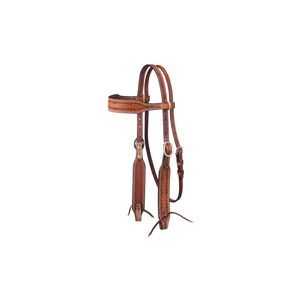 Tough-1 Leather Wide Brow Headstall with Barbed Wire Detail