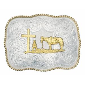 Montana Silversmiths Scalloped German Silver Belt Buckle with  Christian Cowboy