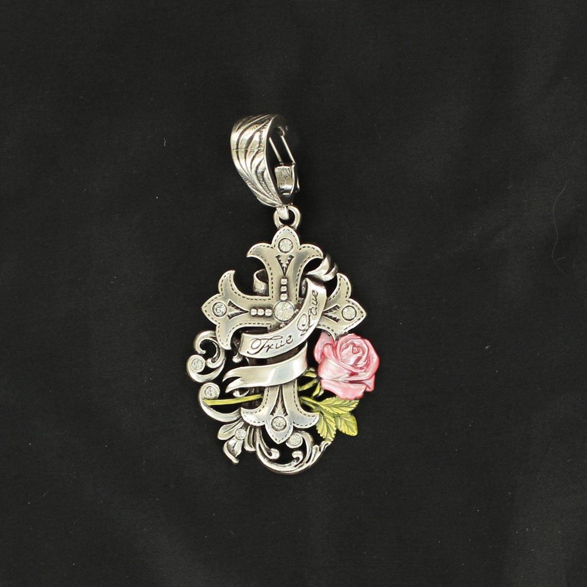 Western Charm Cross with  Banner and Rose Pendant