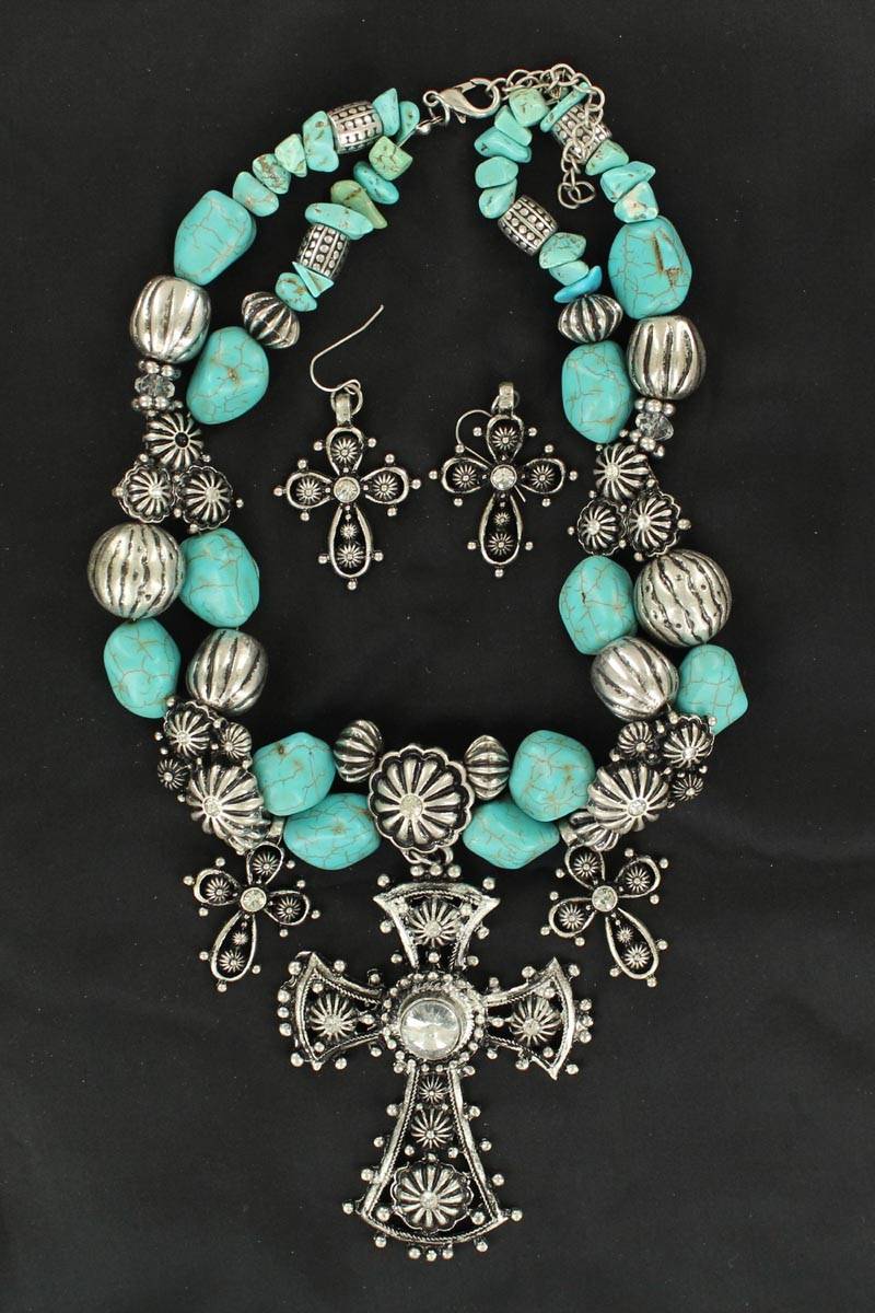 Blazin Roxx 3 Crosses and Flowers Necklace and Earrings Set