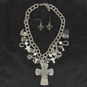 Blazin Roxx Cross with  Guitar and Charms Necklace and Earrings Set
