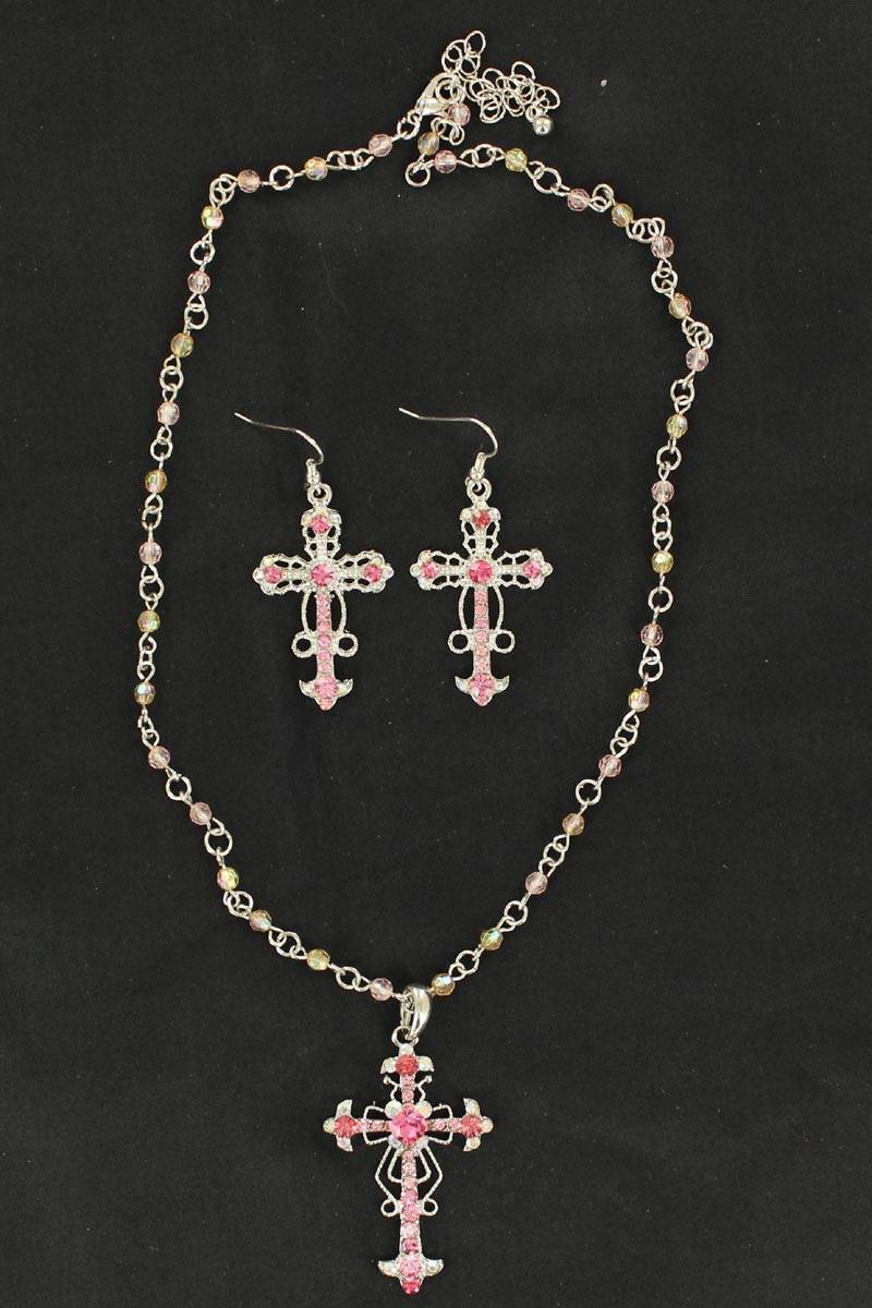 Blazin Roxx Beaded Cross Necklace & Earrings Set