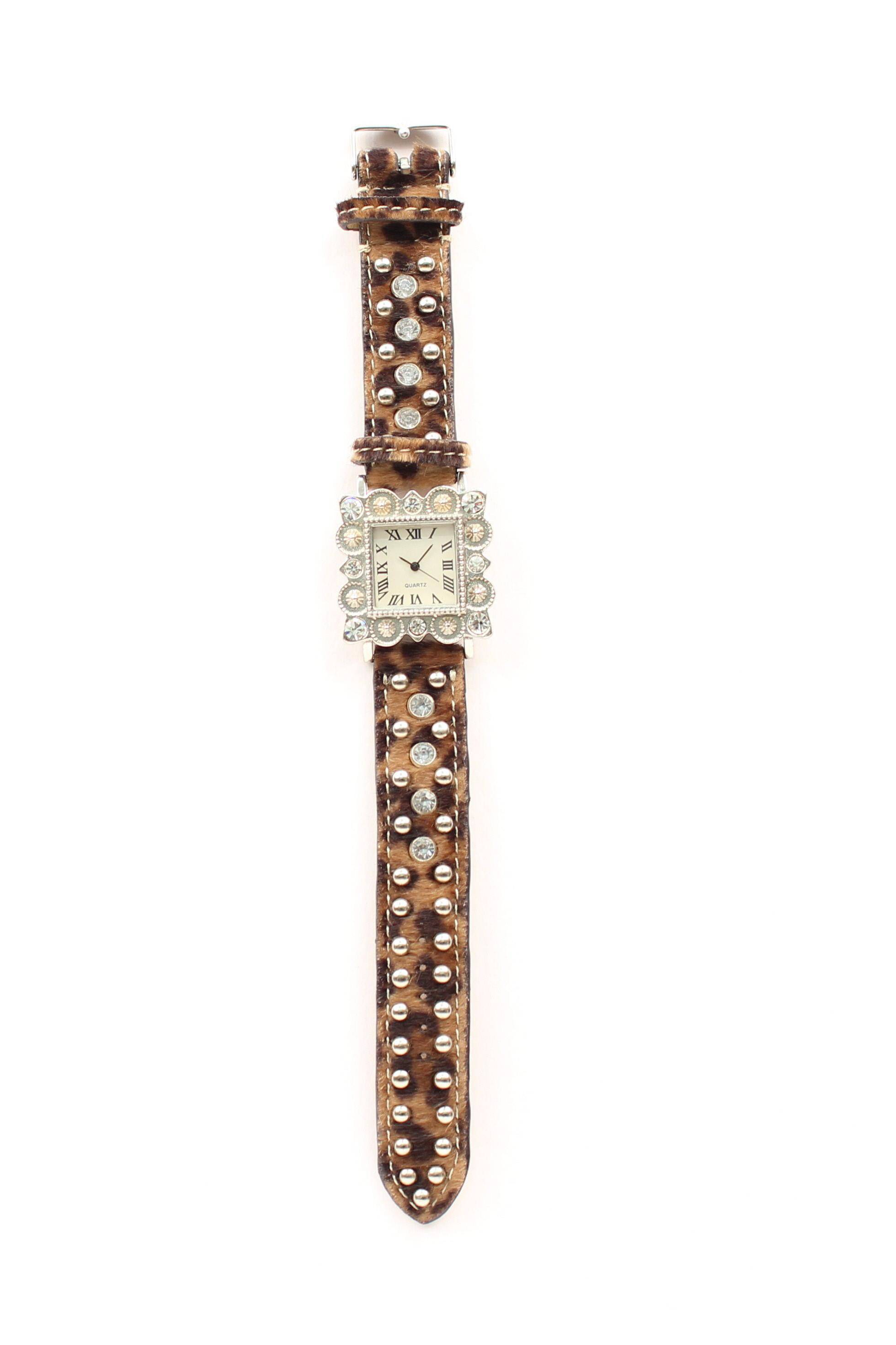 Blazin Roxx Womens Square Rhinestone/Leopard Horse Hair Watch