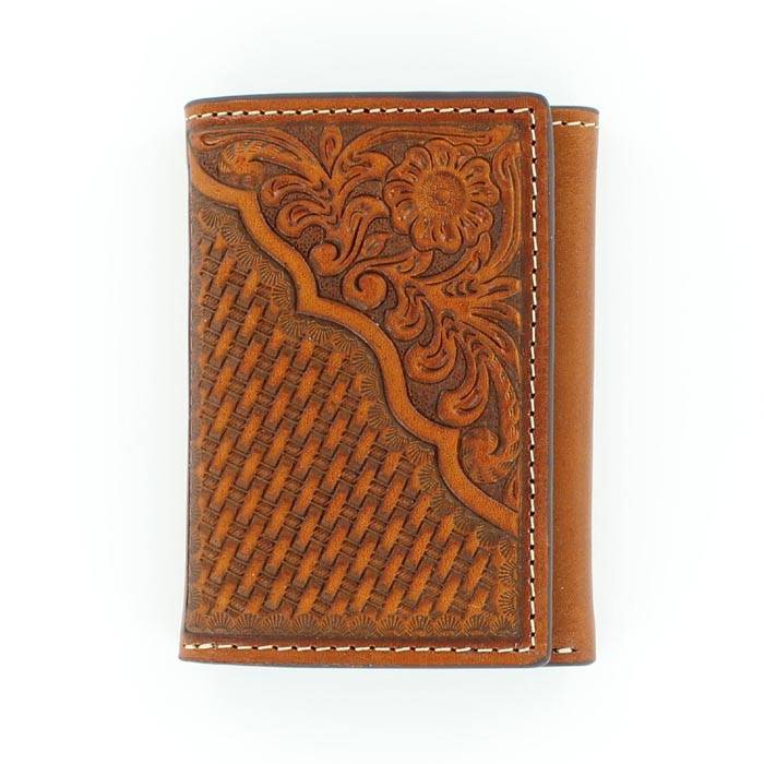 Nocona Pro Tri-fold Basketweave/Floral Tooled Wallet