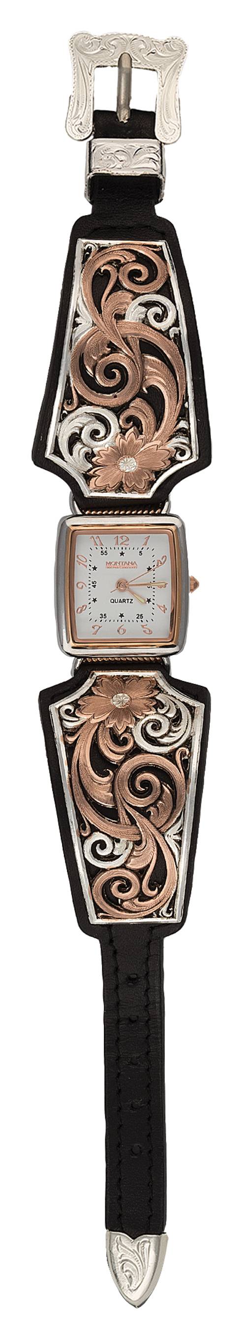 Montana Silversmiths Rose Gold Vintage West Ladies Black Leather Band Watch