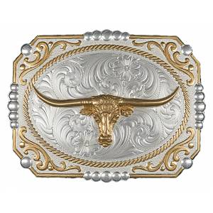 Montana Silversmiths Two-tone Cowboy Cameo Buckle with Longhorn
