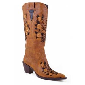 Roper Faux Leather Boots - Ladies, Tan/Embroidered