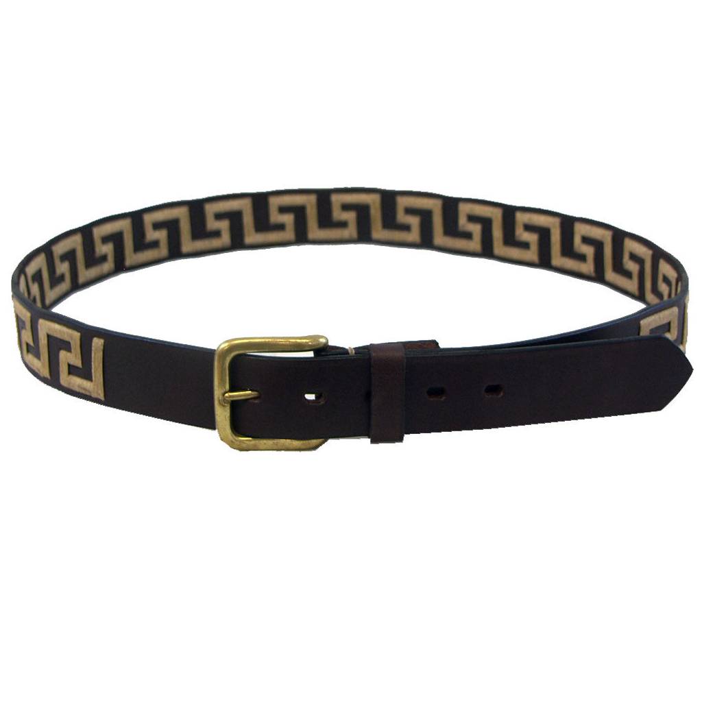 WOW Greek Key Brown Leather Belt -Tan Key