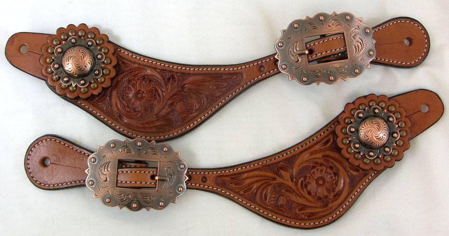 Intrepid Western Spur Strap- Fancy Floral Stamped Design with Concho