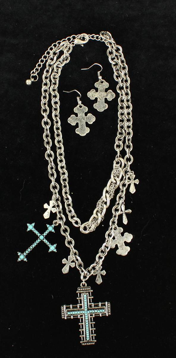 Blazin Roxx Double Chain Cross Jewelry Set