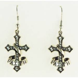 Western Edge Cross Faith Dangle Earrings With Imitation Rhodium/Clear Finish Crystals