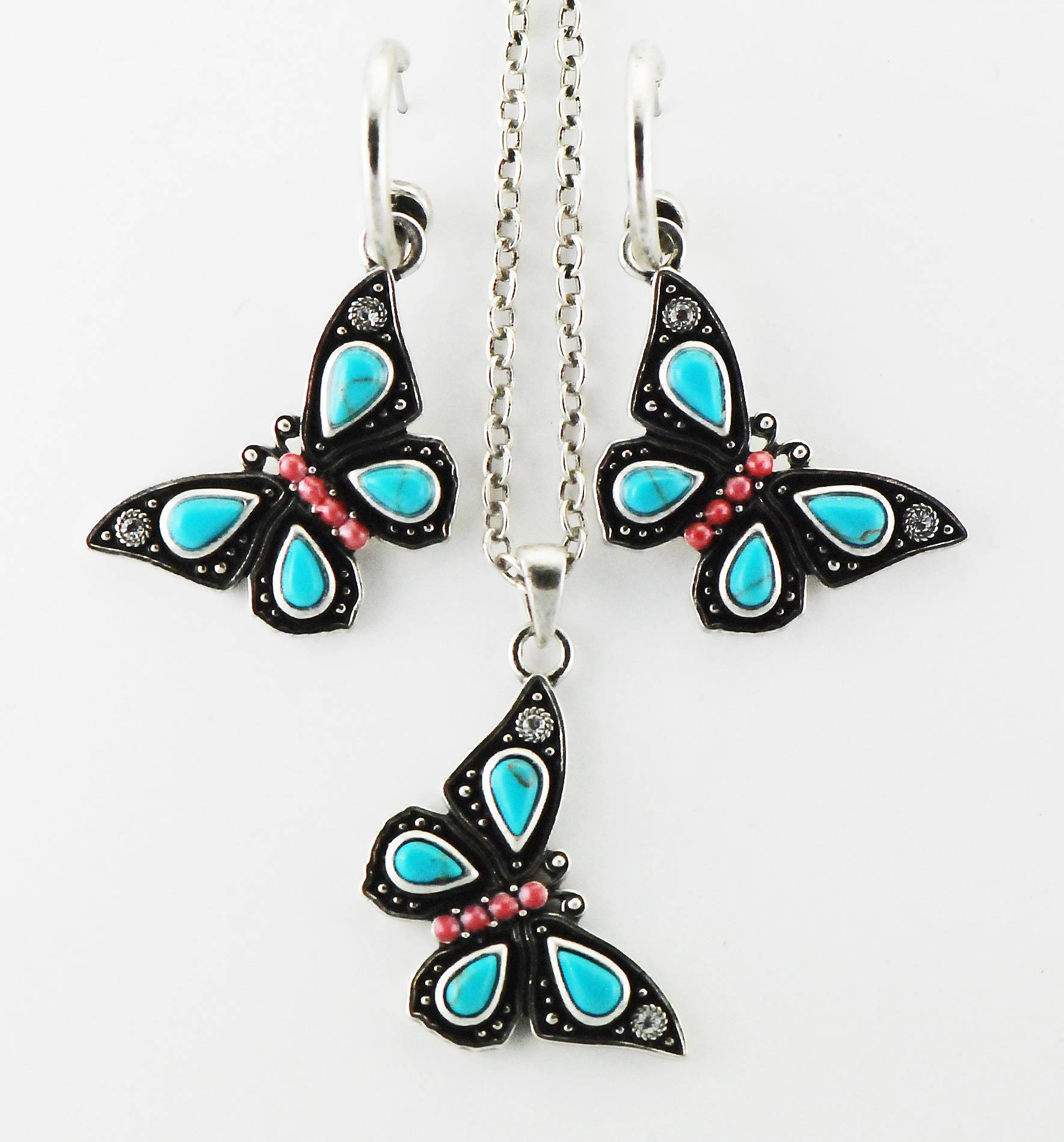 Western Edge Imitation Stone Butterfly Dangle Earring And Necklace Set