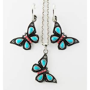 Western Edge Imitation Stone Butterfly Dangle Earring And Necklace Set