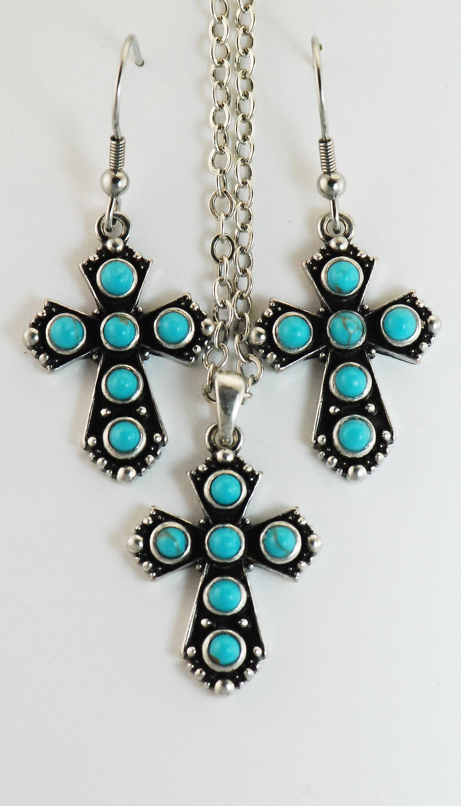 Western Edge Imitation Stone Cross Dangle Earrings Necklace Set