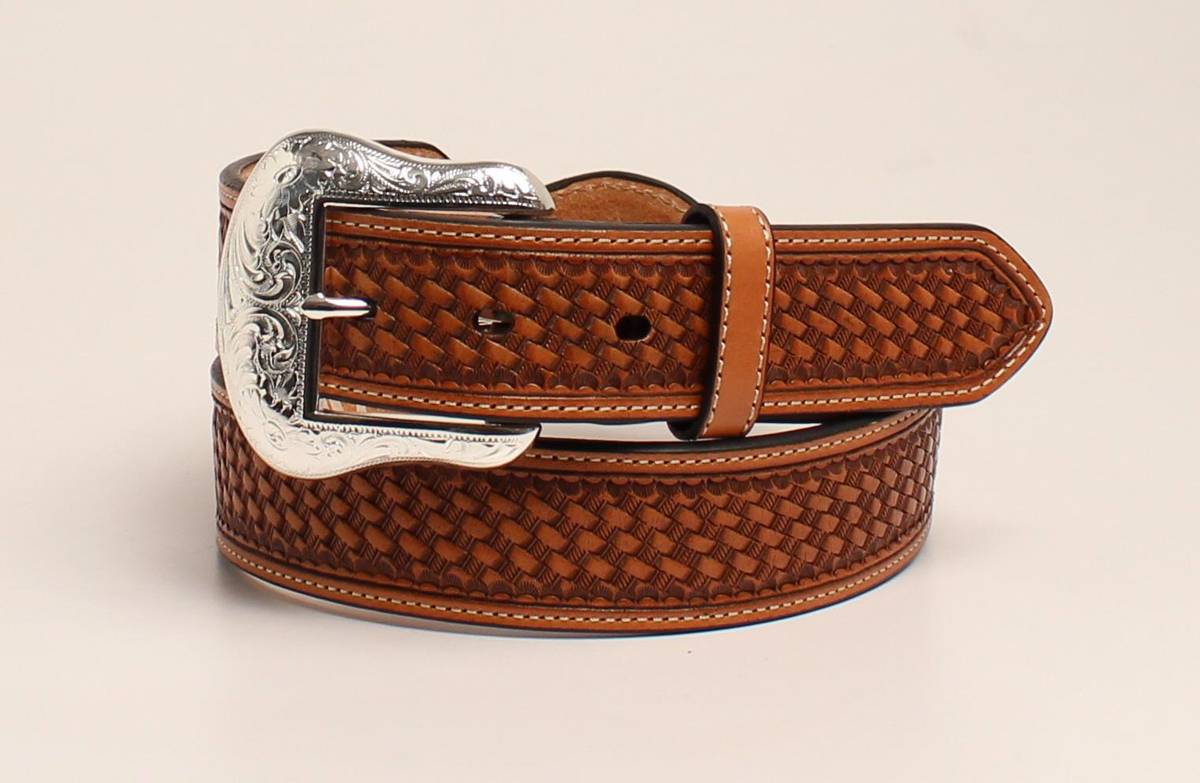 Nocona  Silver Bar And Concho Leather Strap Belt - Mens