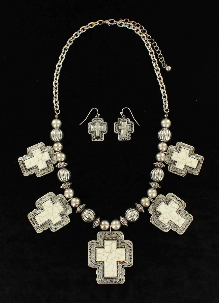 Blazin Roxx Silver And Stone Crosses Beaded Necklace And Earrings Set