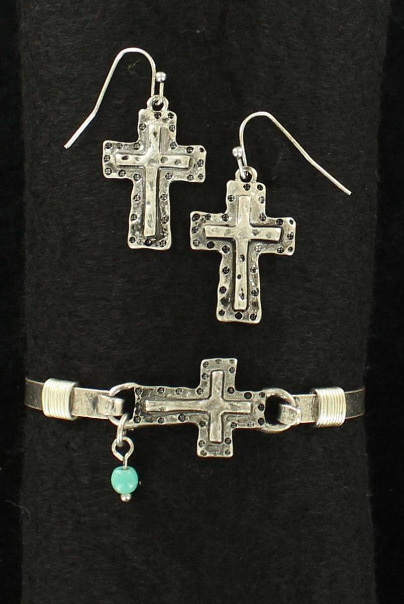 Blazin Roxx Hammered Cross Bracelet And Earring Set