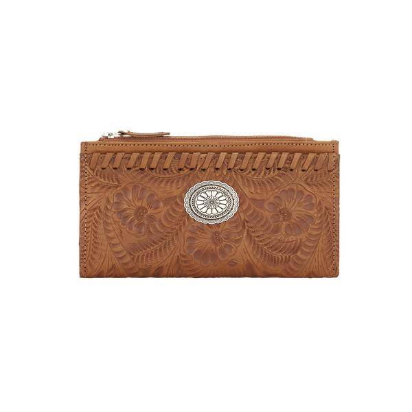 American West Ladies Foldover Leaf Tooled Oval Concho Wallet