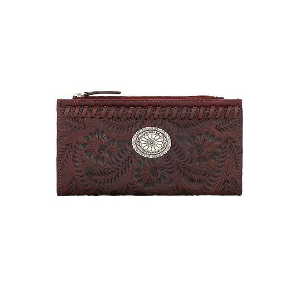 American West Ladies Foldover Leaf Tooled Oval Concho Wallet