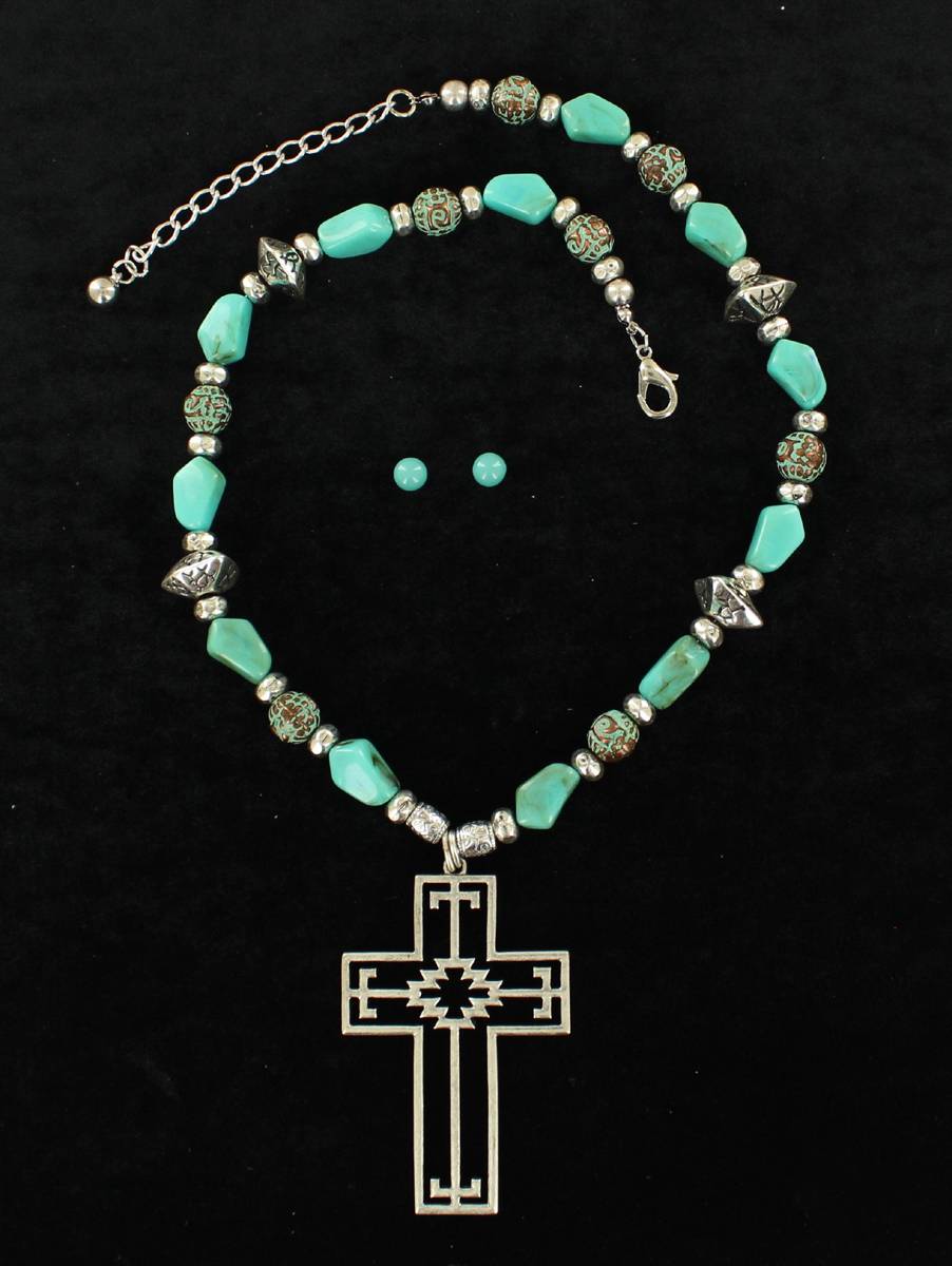 Blazin Roxx Chunk Stone Aztec Cross Necklace And Earrings Set